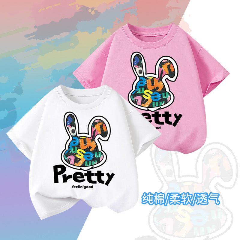 Girls’ Cotton Cartoon Rabbit Short Sleeve T-Shirt Summer Top