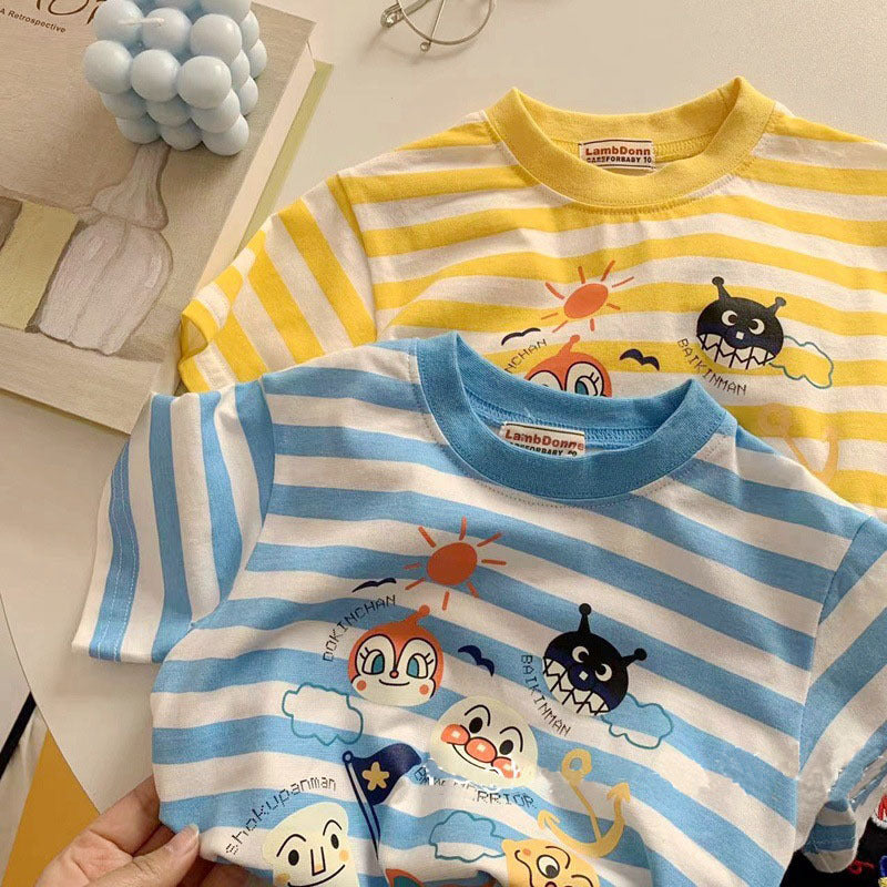 Pure Cotton Cartoon Striped Short Sleeve T-Shirt Kids Unisex