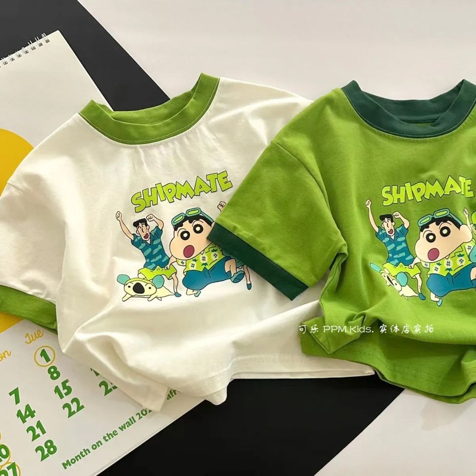 Pure Cotton Color Block Cartoon Short Sleeve Kids T-Shirt