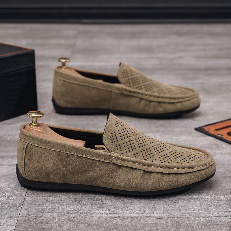 Khaki Mens Breathable Slip On Loafers Hollow Casual Low Top Shoes