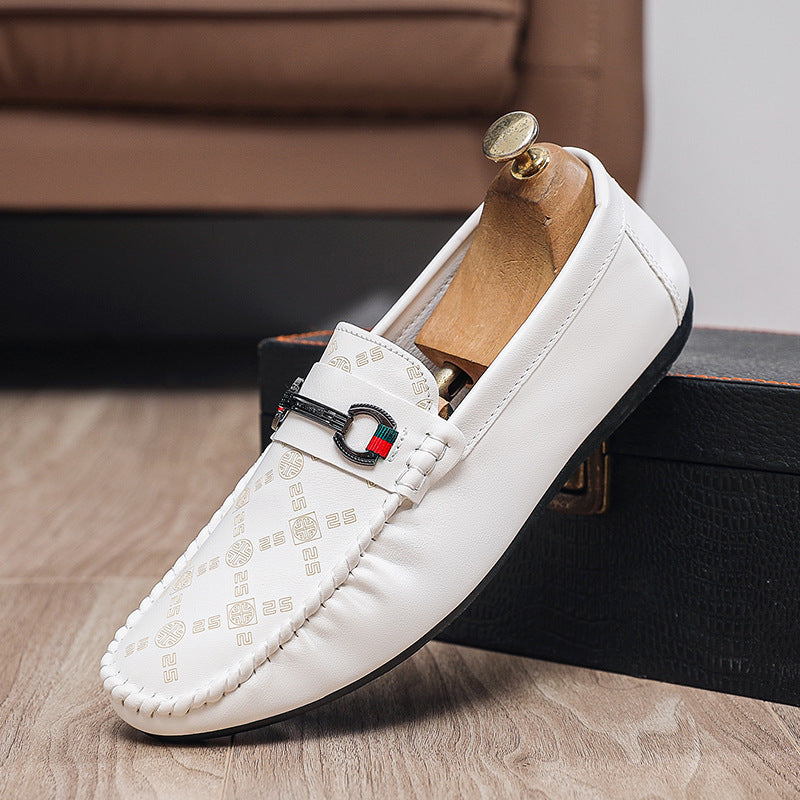 White Mens Printed Slip On Loafers Casual PU Round Toe Driving Shoes