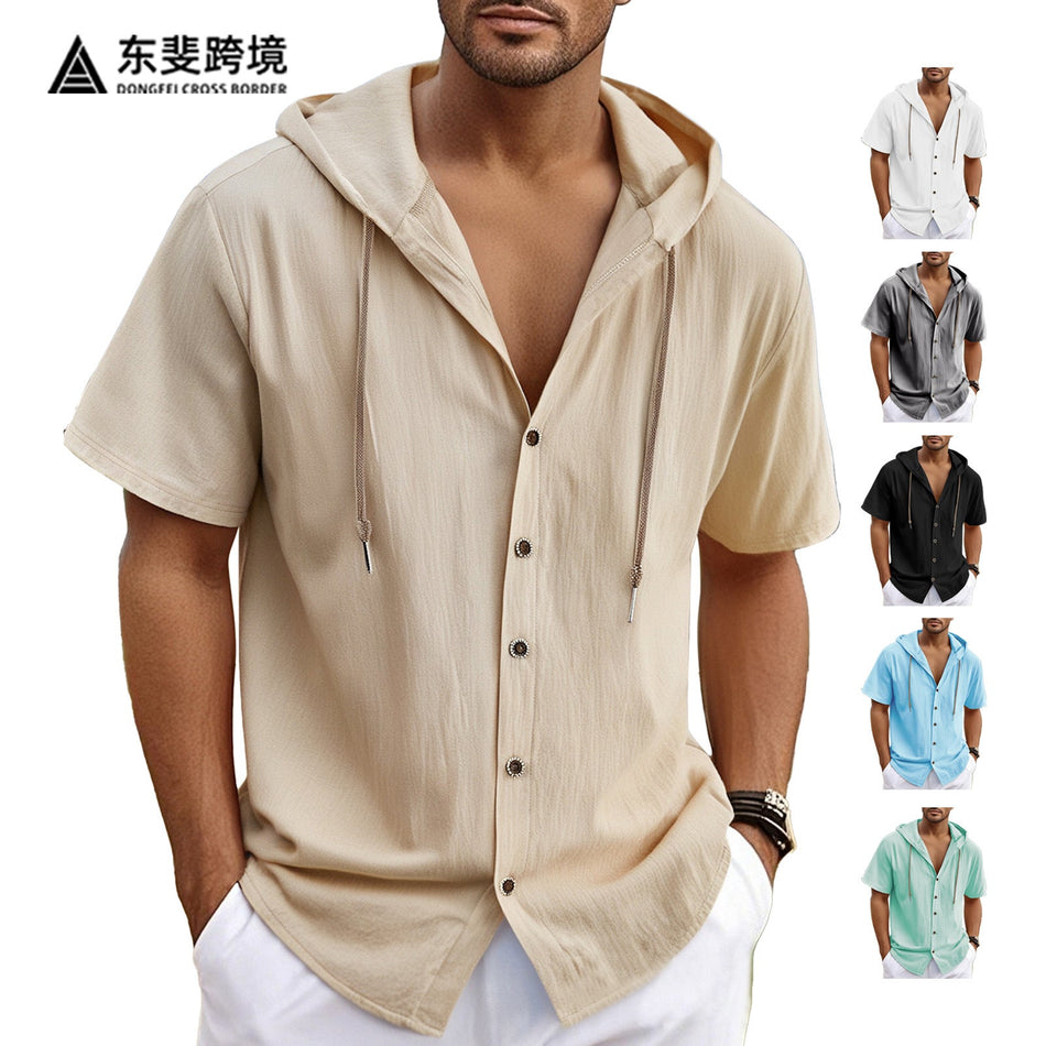 Linen Blend Hooded Short Sleeve Cardigan Shirt Men Casual Loose