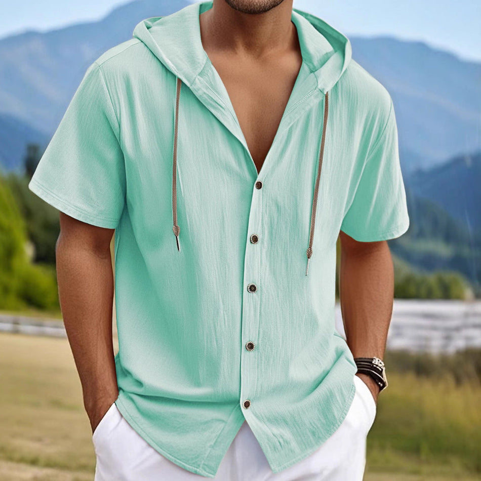 Linen Blend Hooded Short Sleeve Cardigan Shirt Men Casual Loose