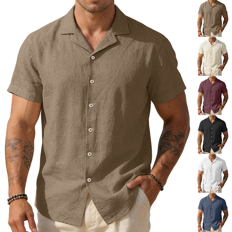 Cotton Linen Lapel Short Sleeve Shirt Men Loose Casual Summer Top