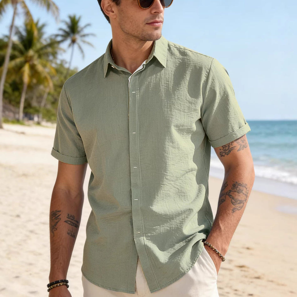 Bamboo Hemp Lapel Button Short Sleeve Shirt Men Casual Slim Fit