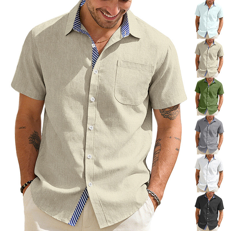 Cotton Linen Stripe Short Sleeve Shirt Men Casual Pocket Lapel