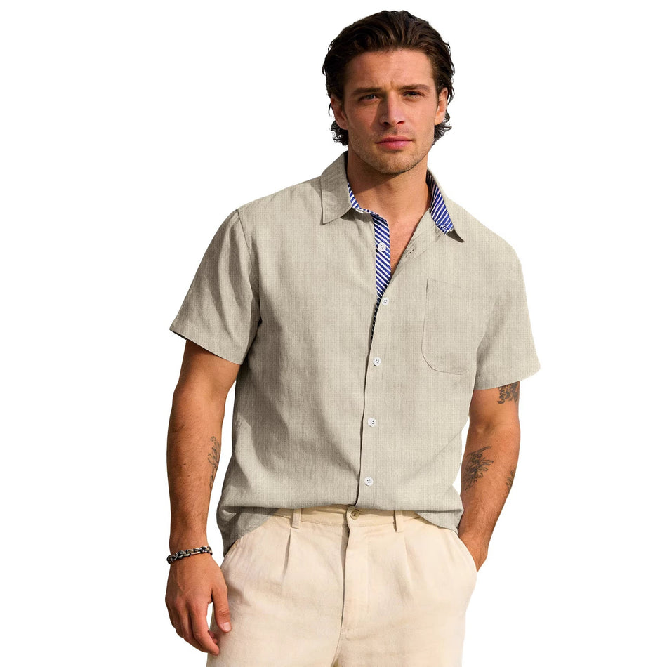 Cotton Linen Stripe Short Sleeve Shirt Men Casual Pocket Lapel