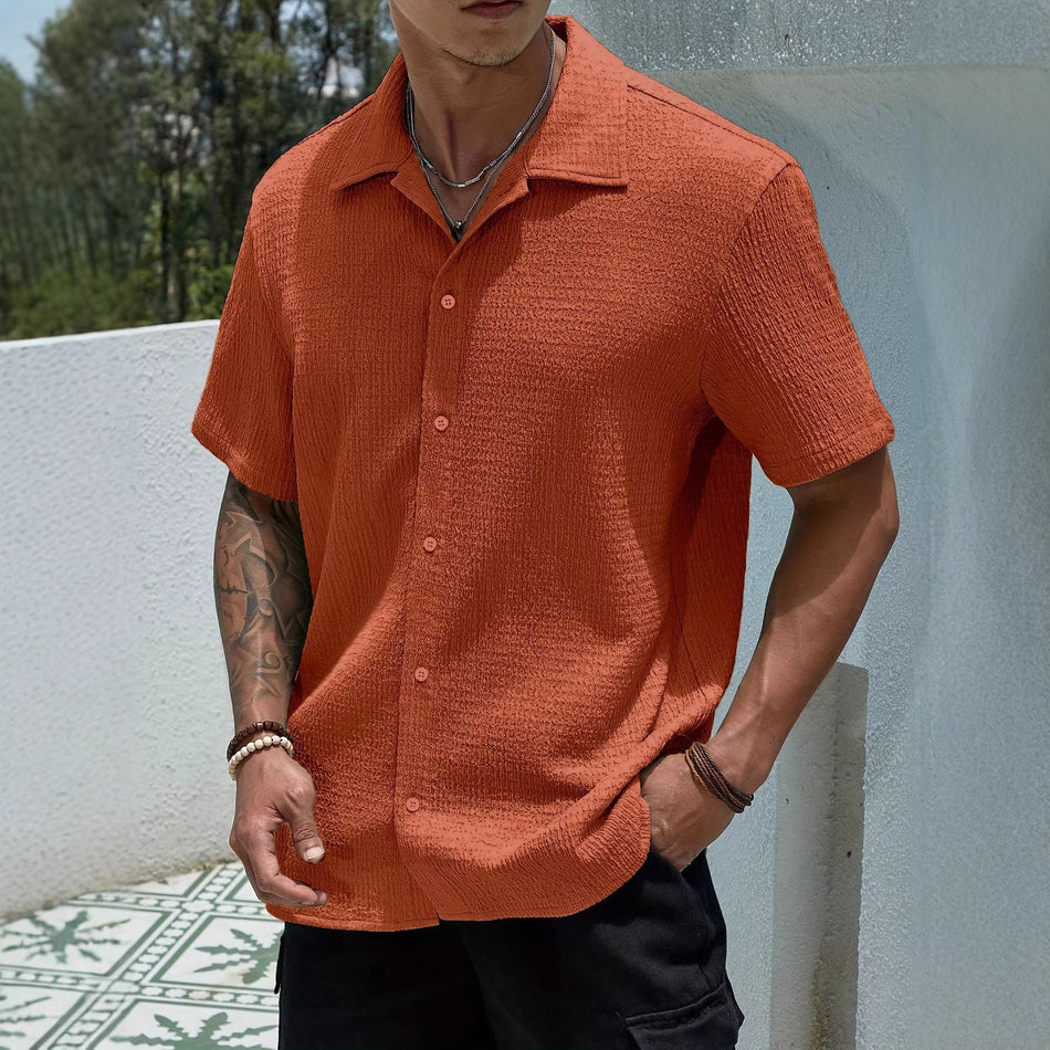 Retro Lapel Short Sleeve Shirt Men Casual Loose Summer Top