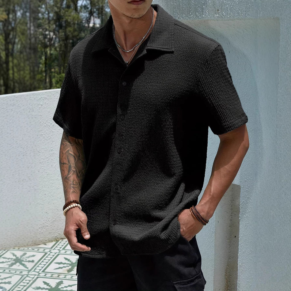 Retro Lapel Short Sleeve Shirt Men Casual Loose Summer Top