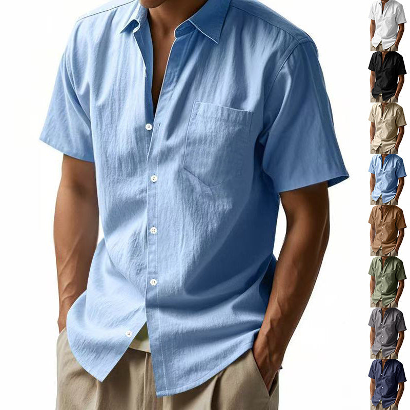 95% Linen Short Sleeve Shirt Men Loose Casual Summer Top