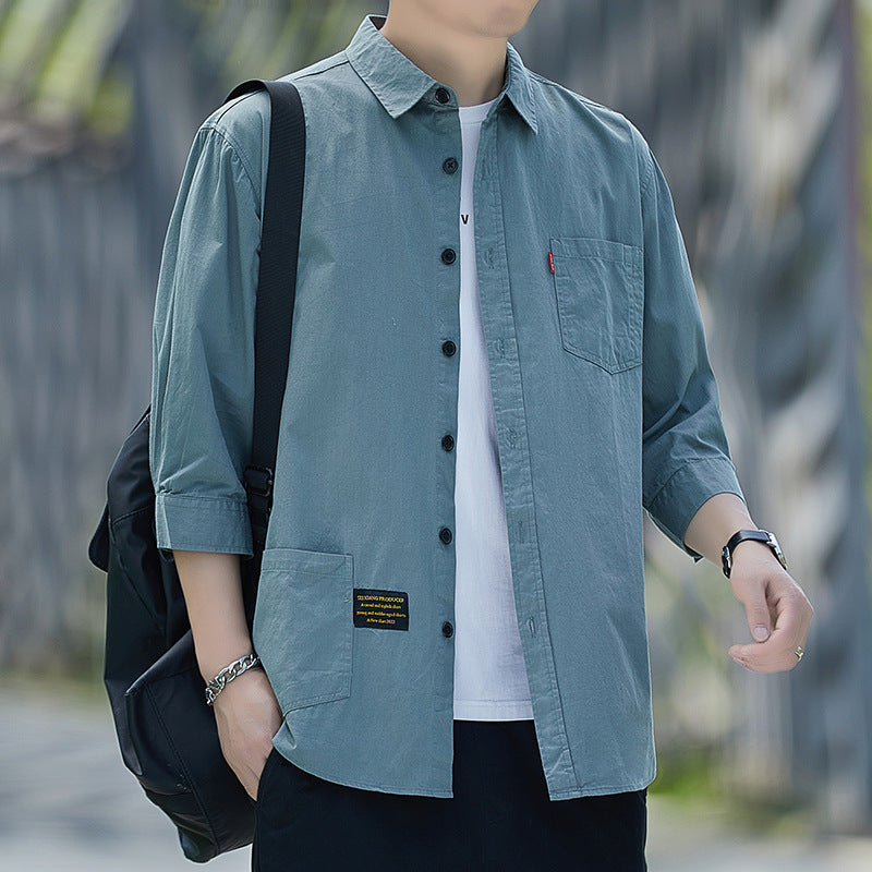Pure Cotton 3/4 Sleeve Loose Fit Shirt Men Casual Hong Kong Style