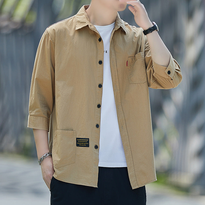Pure Cotton 3/4 Sleeve Loose Fit Shirt Men Casual Hong Kong Style