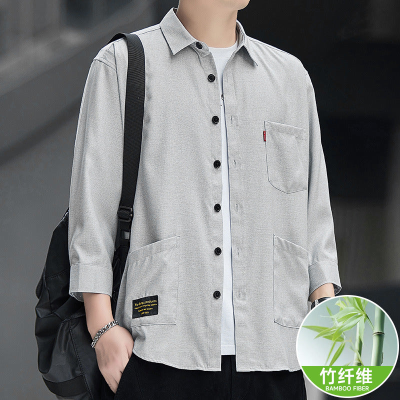 Ice Silk Bamboo Fiber Seven-Point Sleeve Shirt Men Loose Summer