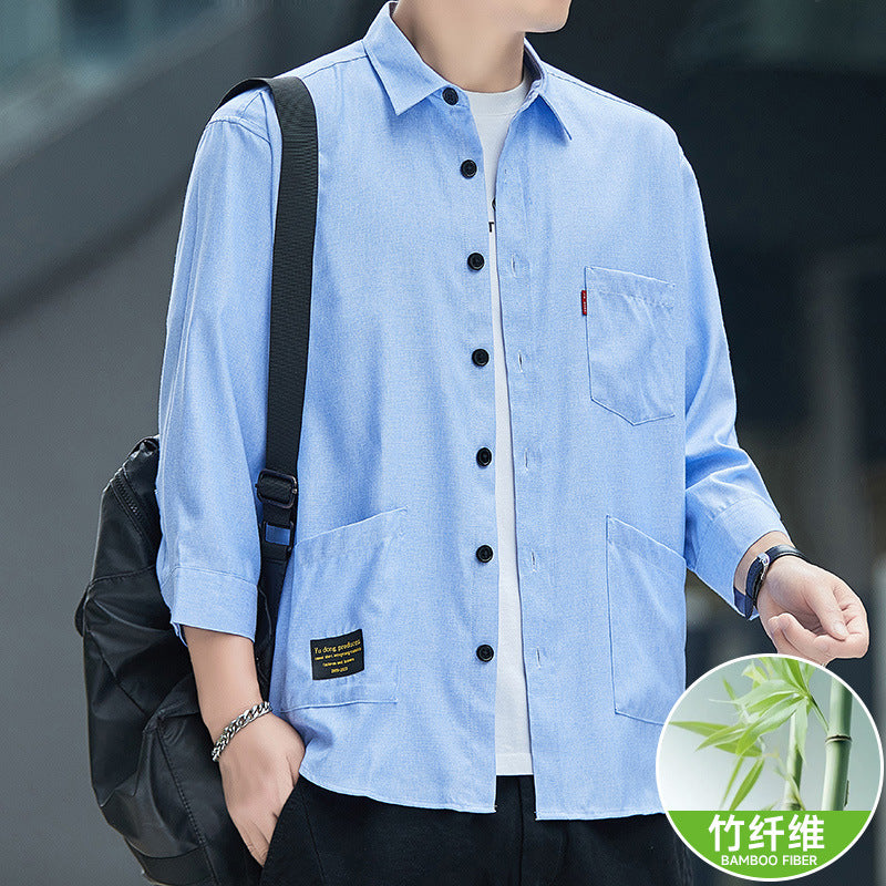 Ice Silk Bamboo Fiber Seven-Point Sleeve Shirt Men Loose Summer