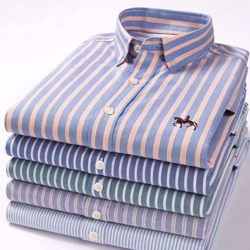 Pure Cotton Striped Oxford Long Sleeve Shirt Men Casual Business