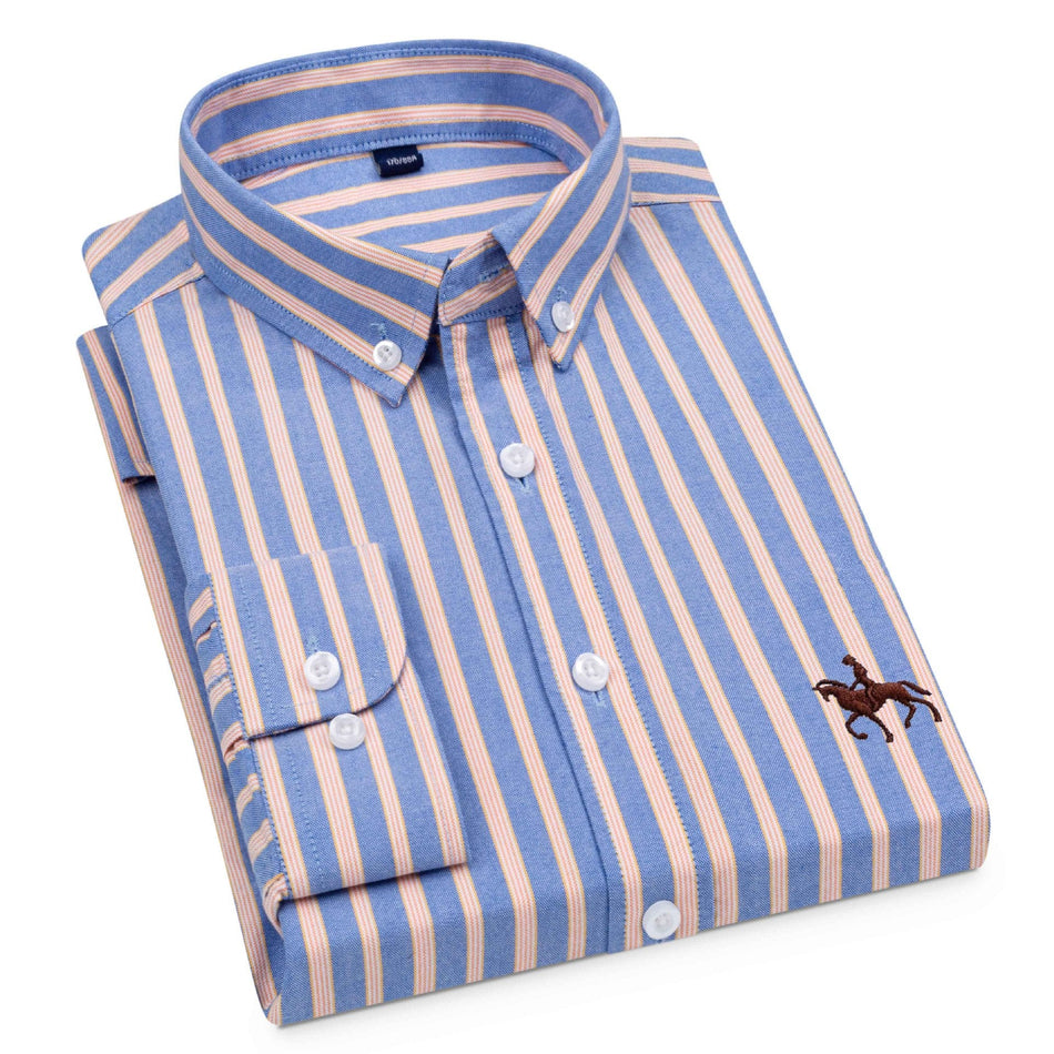 Pure Cotton Striped Oxford Long Sleeve Shirt Men Casual Business
