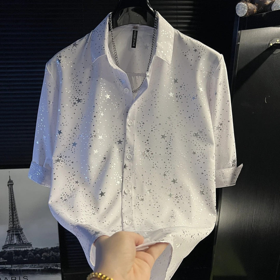 Five-Star Print Short Sleeve Shirt Men Casual Loose Summer Top