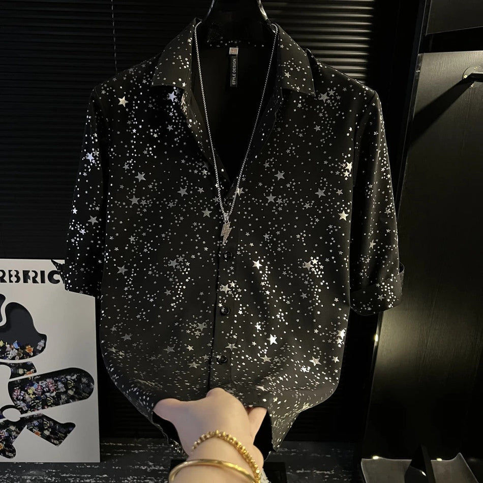 Five-Star Print Short Sleeve Shirt Men Casual Loose Summer Top