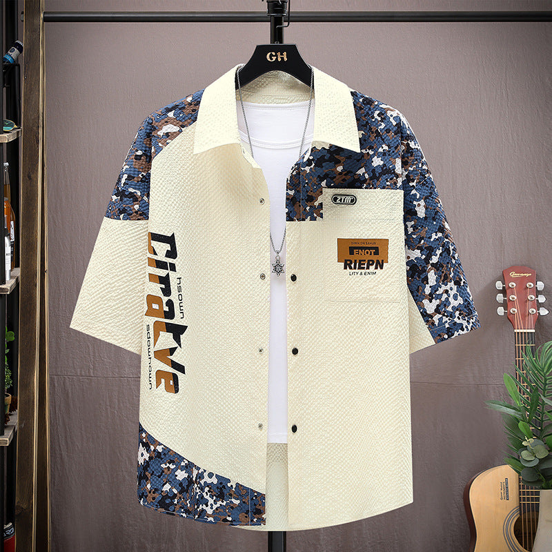 Men's Summer Contrast Work Shirt Short Sleeve Loose Casual Top