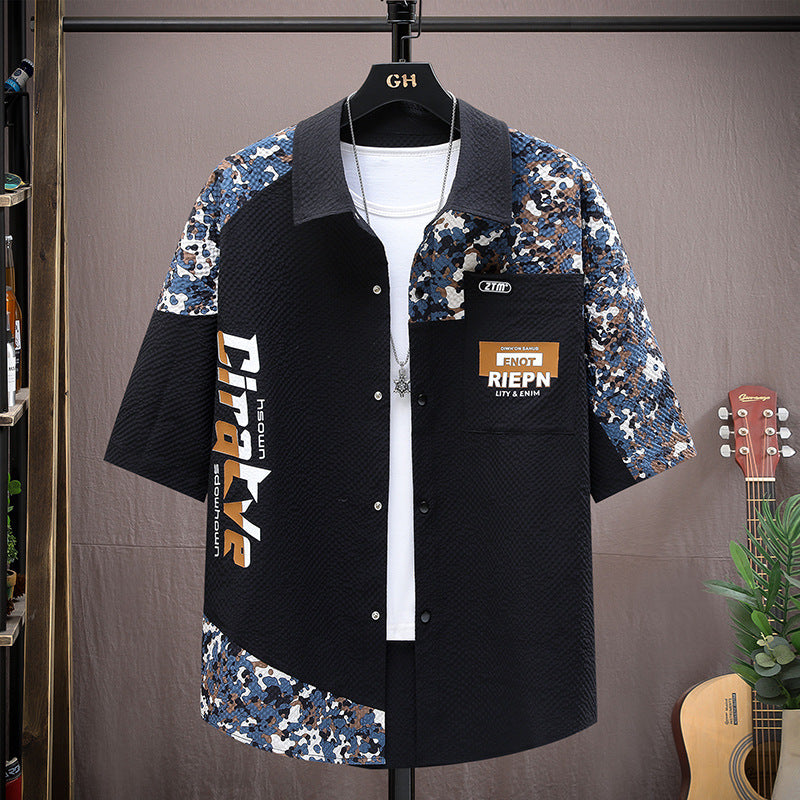 Men's Summer Contrast Work Shirt Short Sleeve Loose Casual Top