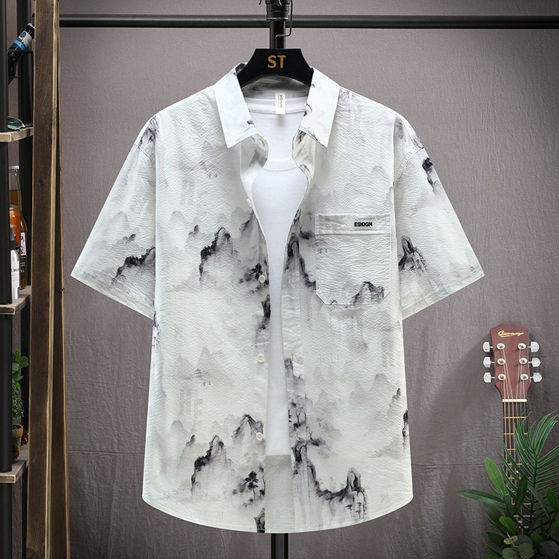 Men's Summer Lapel Short Sleeve Casual Ice Silk Shirt