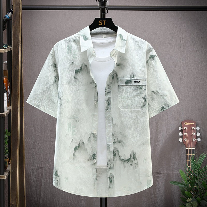 Men's Summer Lapel Short Sleeve Casual Ice Silk Shirt