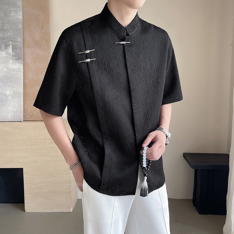 Men's Chinoiserie Jacquard Short Sleeve Stand Collar Shirt