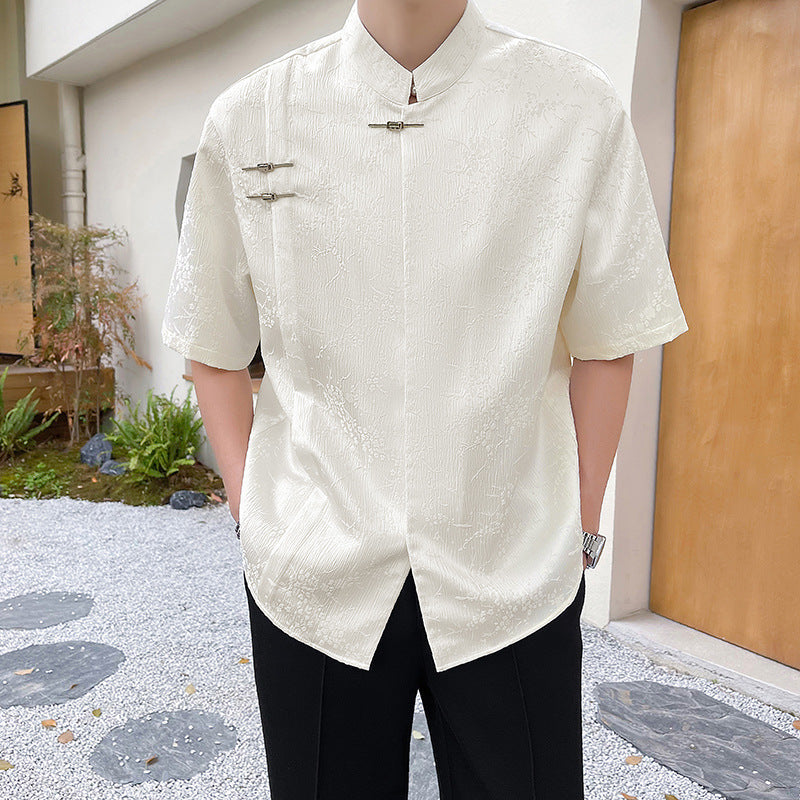 Men's Chinoiserie Jacquard Short Sleeve Stand Collar Shirt