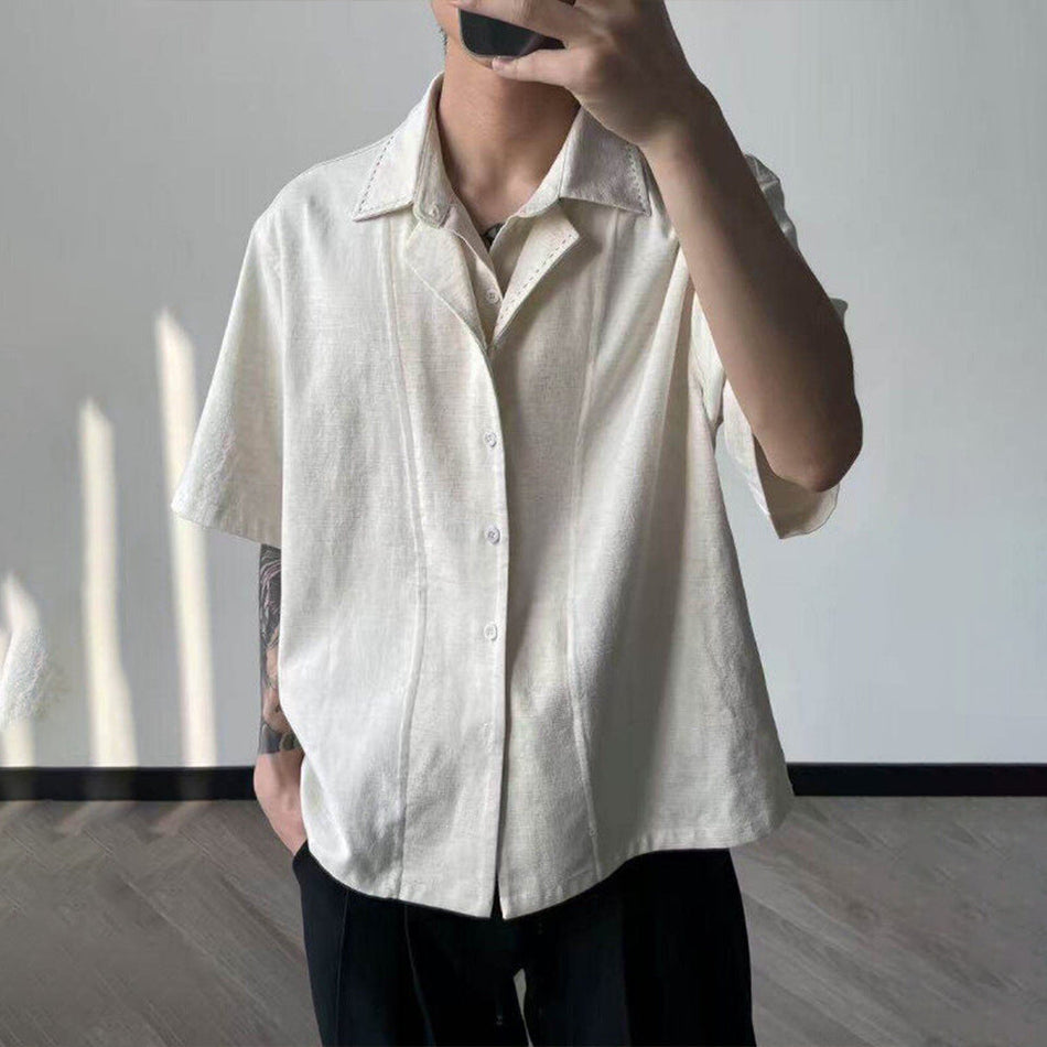 Men's Black Linen Double Collar Short Sleeve Casual Shirt