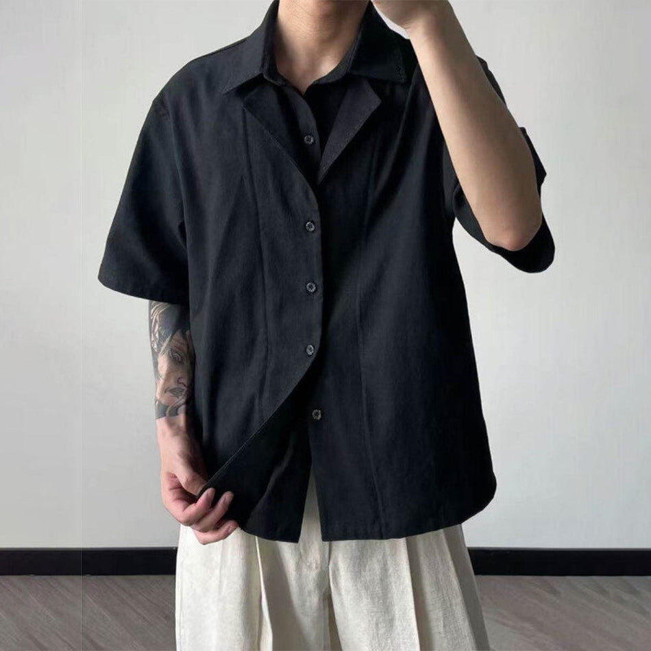 Men's Black Linen Double Collar Short Sleeve Casual Shirt