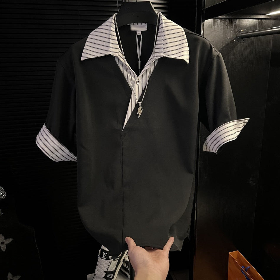 Men's Summer Faux Layered Striped Short Sleeve Casual Shirt