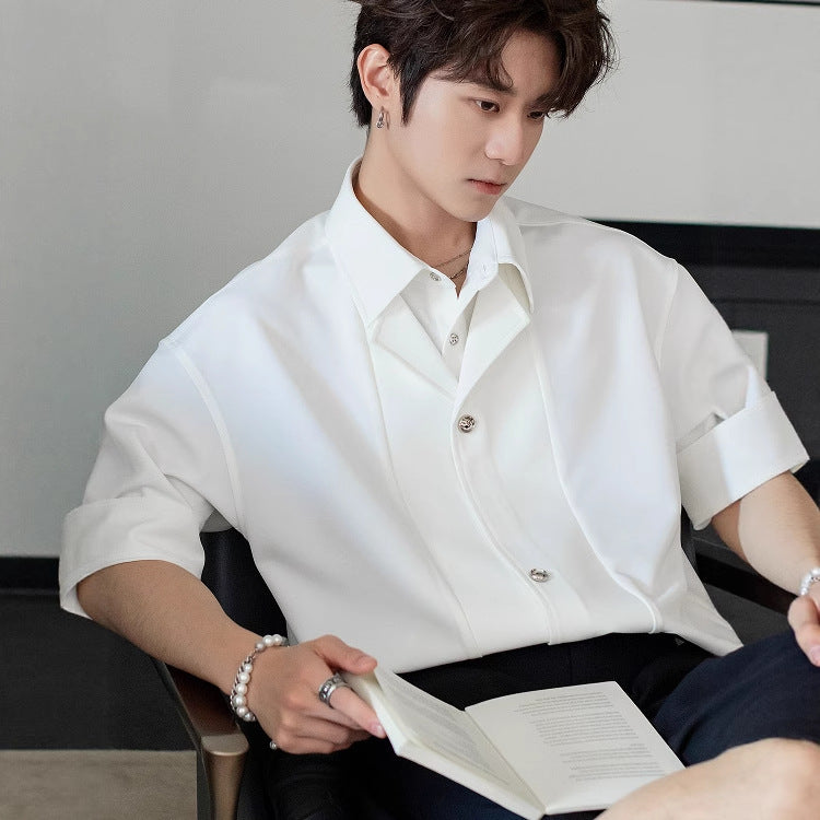 Men's Faux Two-Piece Short Sleeve Casual Lapel Shirt