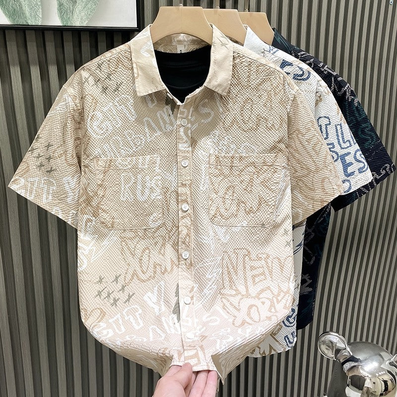 Men's Graffiti Print Short Sleeve Casual Lapel Shirt