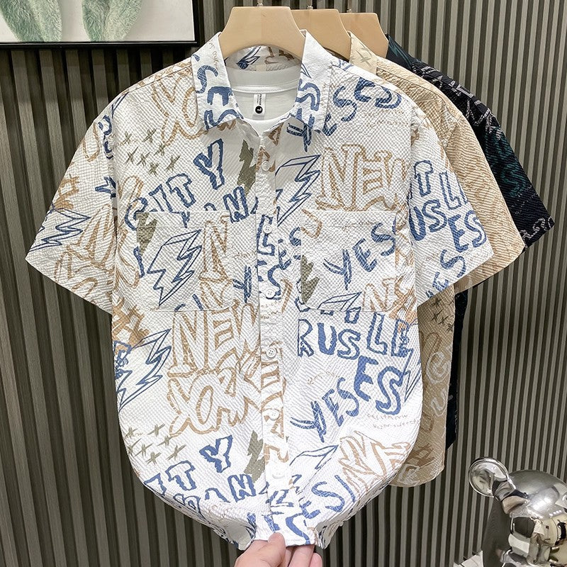 Men's Graffiti Print Short Sleeve Casual Lapel Shirt