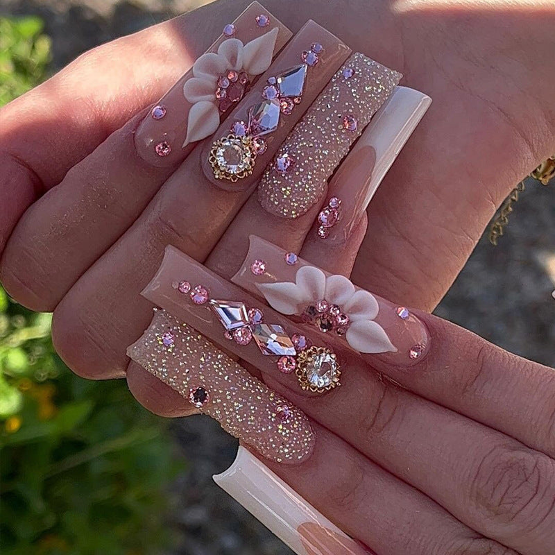 Diamond Bow Long Press-On Nail Set European American Style