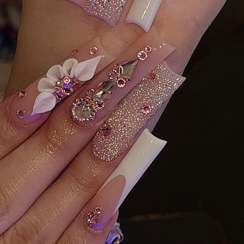 Diamond Bow Long Press-On Nail Set European American Style
