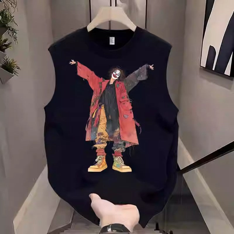 Heavy Cotton Sleeveless Vest Men Street Cartoon Print Summer Top