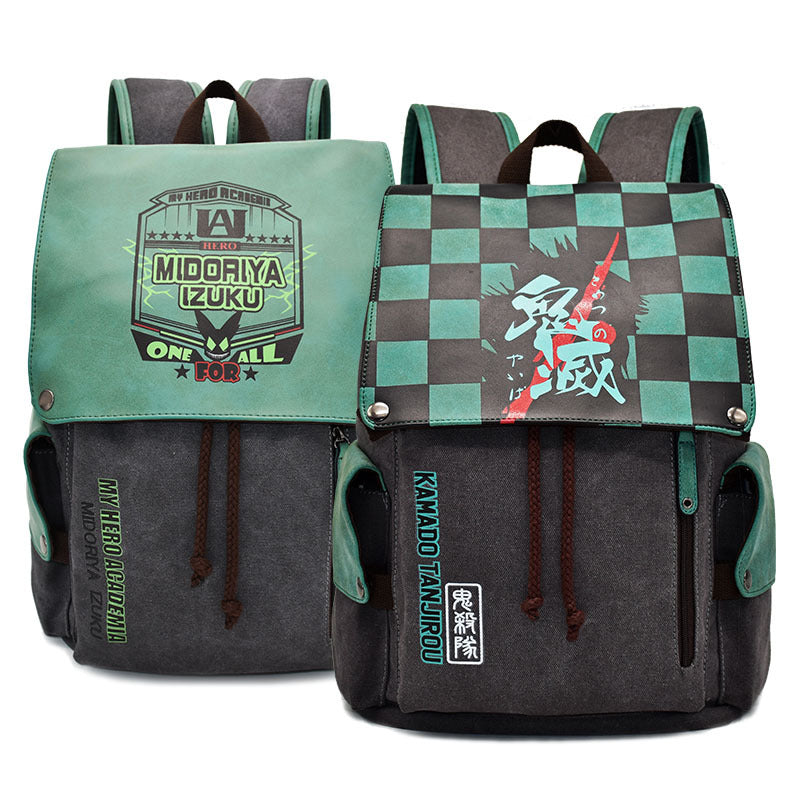 Green Anime Canvas Backpack Waterproof Student School Travel Bag