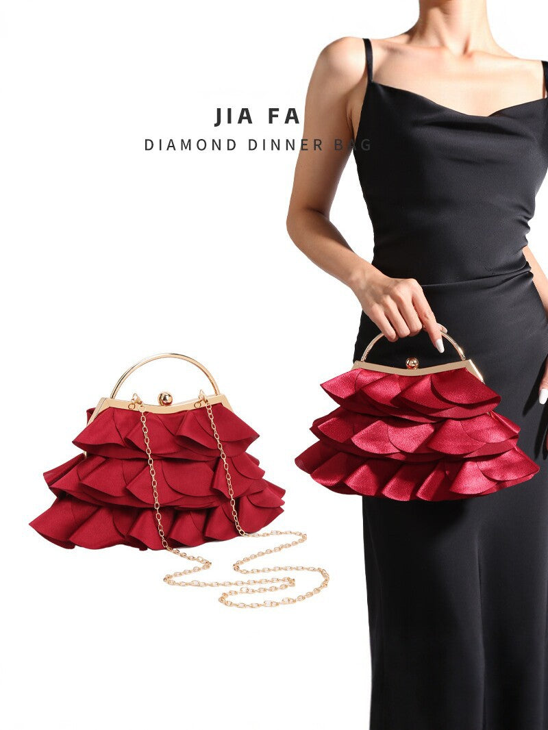 Women's Burgundy Rose Petal Pleated Cloud Evening Chain Bag