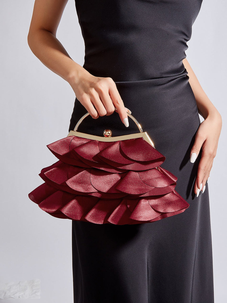 Women's Burgundy Rose Petal Pleated Cloud Evening Chain Bag