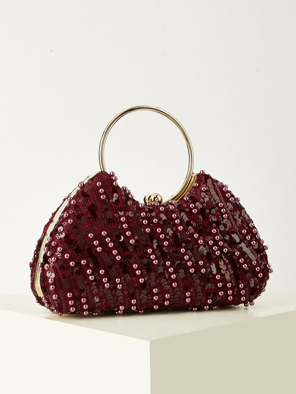 Women's Wine Red Sequin Evening Clutch Party Handbag