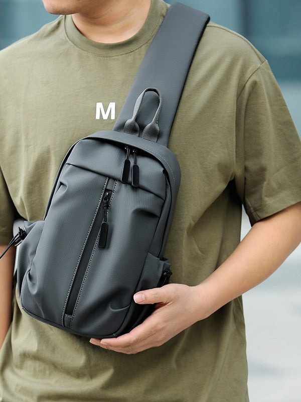Men's light gray Leather Crossbody Chest Bag Large Capacity Travel Bag