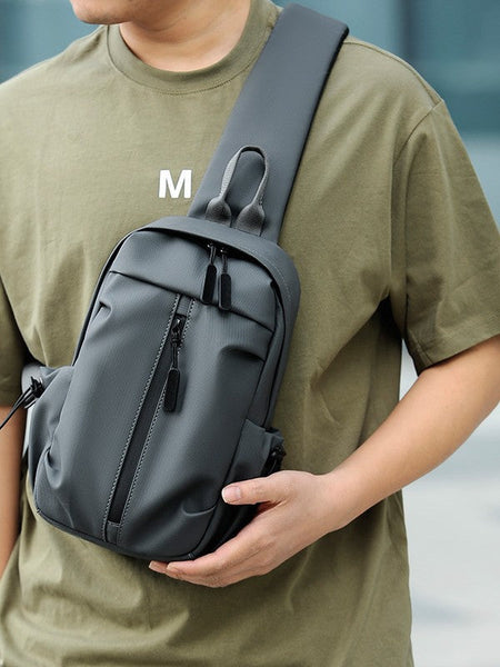Men's light gray Leather Crossbody Chest Bag Large Capacity Travel Bag