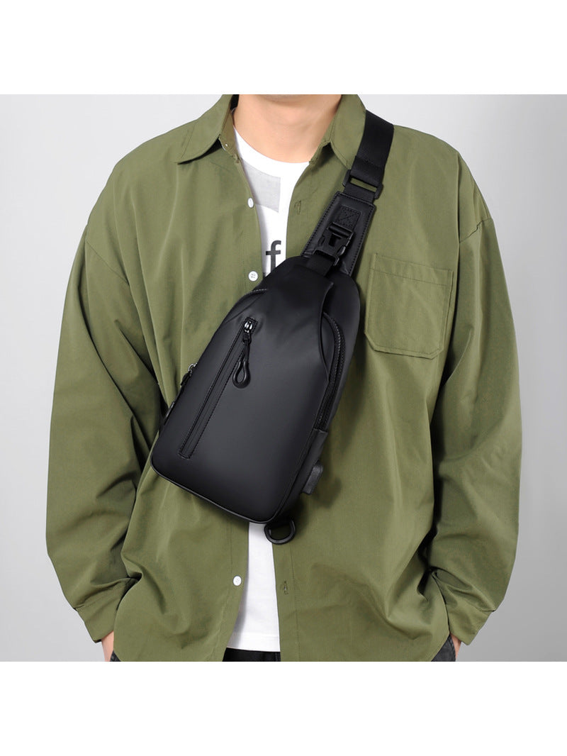 Men's PU Leather Chest Bag USB Charging Crossbody Bag