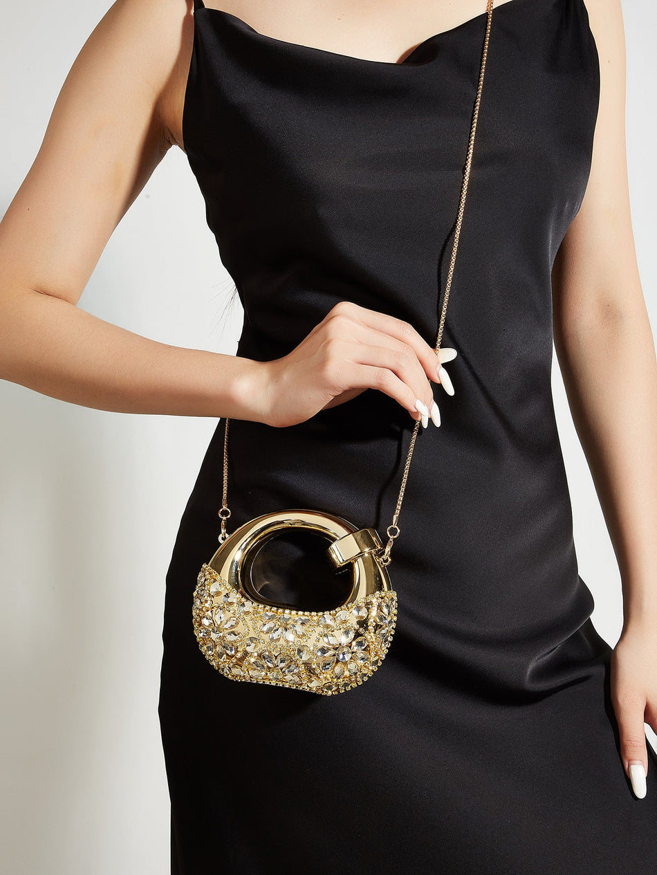Luxury Rhinestone Crescent Evening Clutch Bag with Chain