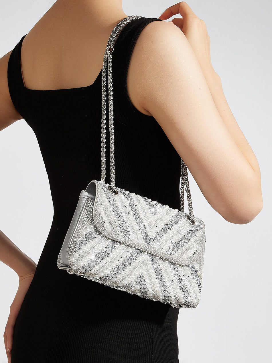 High-End Rhinestone and Pearl Evening Clutch Bag