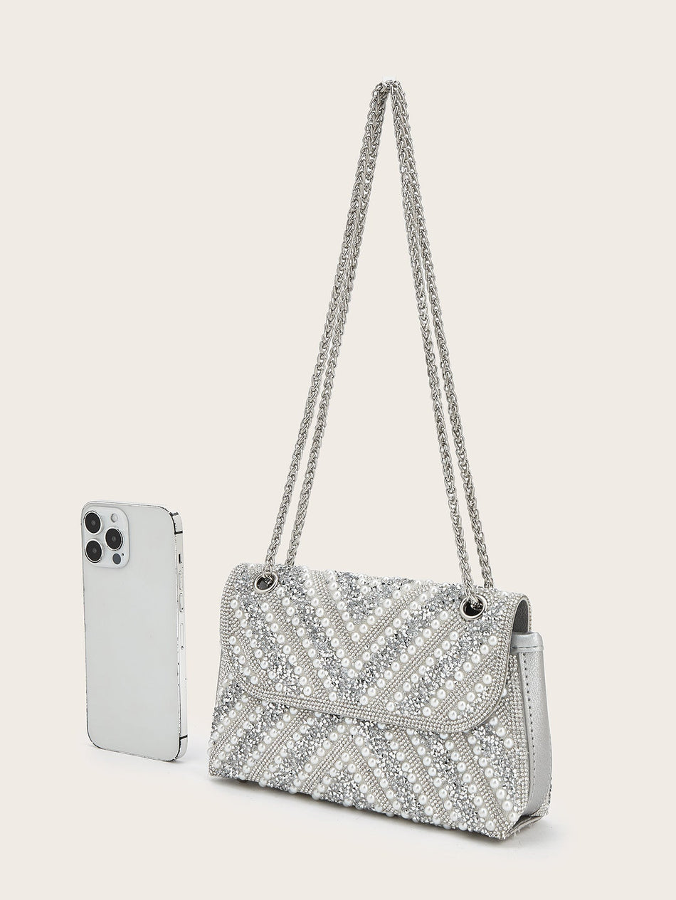 High-End Rhinestone and Pearl Evening Clutch Bag