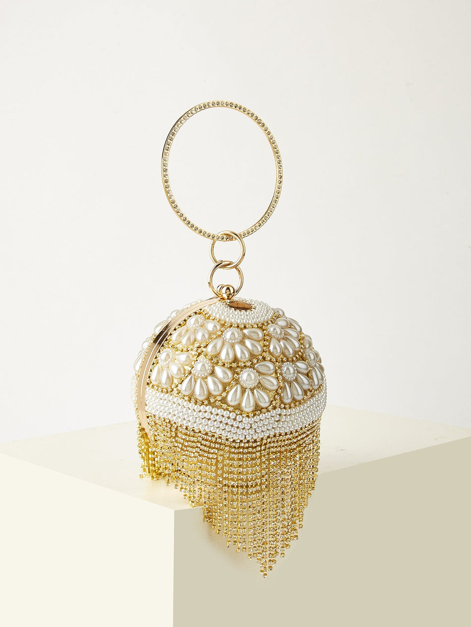 Luxury Round Pearl and Full Rhinestone Bracelet Dress Bag