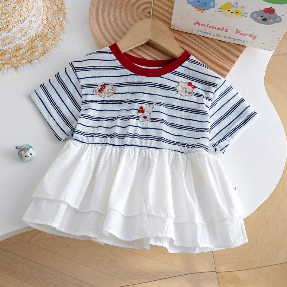 Girls Summer Striped Skirted Hem Short Sleeve Top Kids T-Shirt