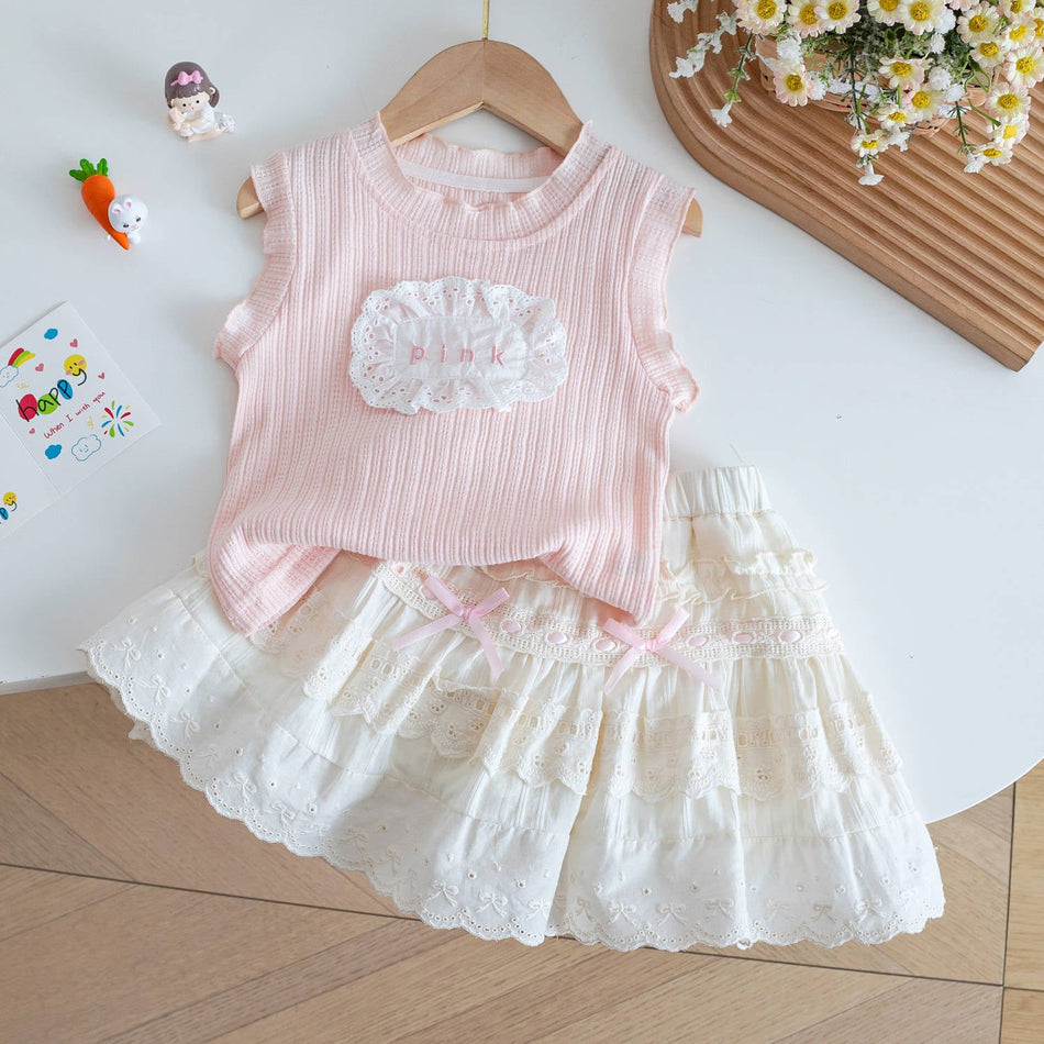 Girls Sleeveless Pink Lace Dress Princess Summer Outfit